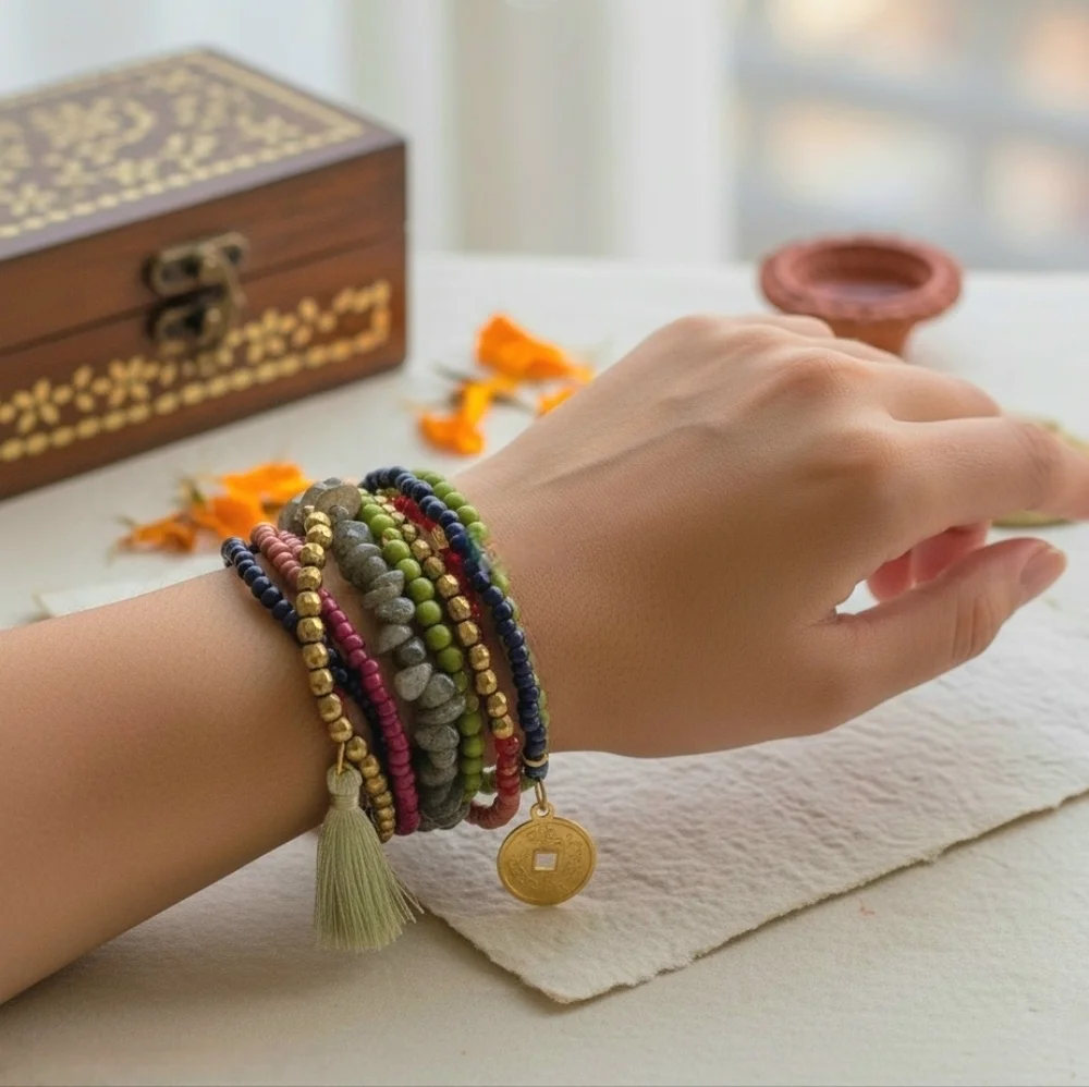 Artisanal Indian Boho Colorful Beaded Bracelet Set With Tassels & Gold Charm